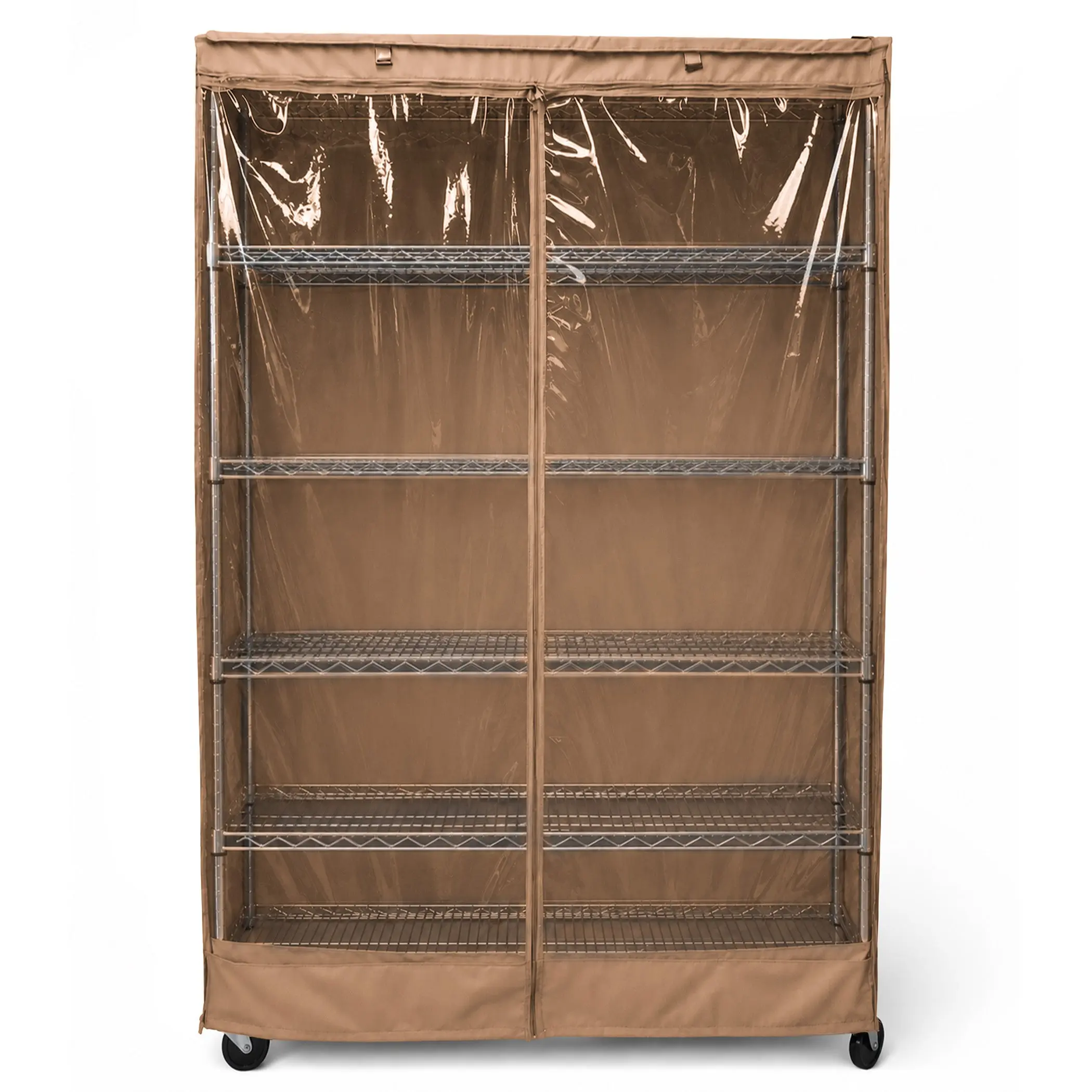 Rolling Storage Shelving Rack Cover - Fits racks 48"W x 18"D x 72"H , One Side See-Through Panel, Portable Shoe Cabinet Cover Organizer, Khaki
