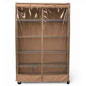 Rolling Storage Shelving Rack Cover - Fits racks 48"W x 18"D x 72"H , One Side See-Through Panel, Portable Shoe Cabinet Cover Organizer, Khaki