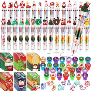 90 count 10 in 1 Christmas Ballpoint Pen  Mini Spiral Notebooks Kit, Multicolor Retractable Ballpoint Pens Xmas Stampers Notepads for Christmas Student Teacher Gifts Party Favors