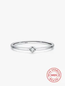 S925 Sterling Silver Minimalist Artificial Zircon Inlaid Ring, Simple Design Jewelry for Women, Trendy All-match & Exquisite Jewelry for Birthday Gift