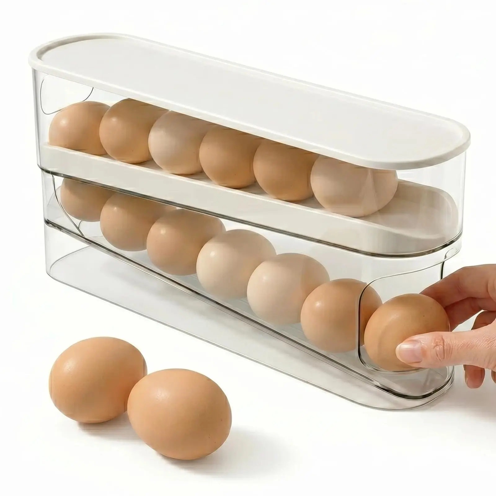 Automatic Rolling Egg Dispenser for Fridge Double Layer Space Saving Egg Organizers and Storage Egg Dispenser Box for Countertop, Kitchen Essentials