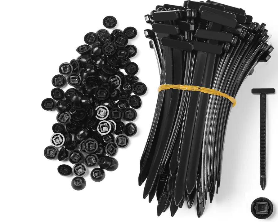 AKOO 100-Pack Bulk Compact Nylon 66 New-T (T5*90) Heavy-Duty Self-Locking Zip Tie Buckles - Tool-Free Snap Fit Pin & Button Fixing Fasteners, UV Resistant, for Cable Management, Chassis Repairs