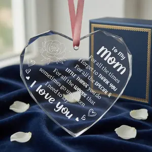 Heart Shaped Love Mom Crystal Glass Ornament, Flower & Letter Pattern Keepsake Decor, Inspirational Creative Craft, Ideal Christmas Gift for Mom