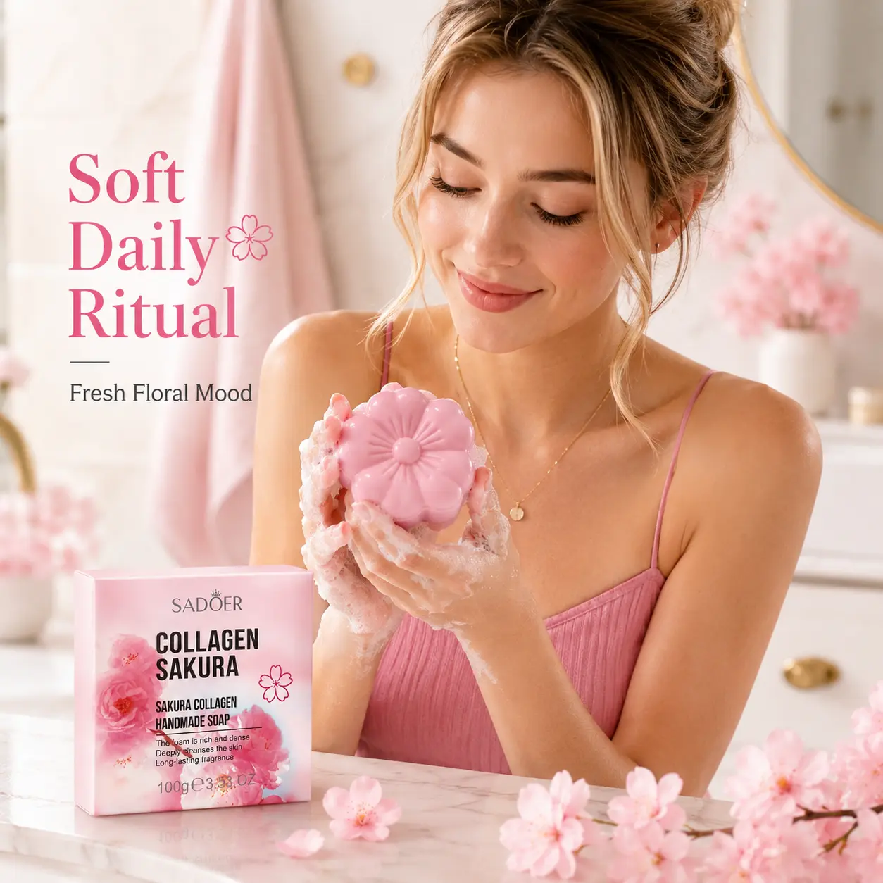 Collagen Sakura Handmade Soap, 100g Gentle Cleansing Bar for Face & Body Care, Rich Lather with Floral Cherry Scent, Flower-Shaped Gift, Fresh And Clean, Flowers, Bar Body Wash & Cleansers, Clean Beauty Body Wash & Cleansers