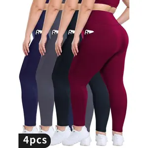 4-pack plus size high waist solid yoga pants, women's sports tights, tummy control side pocket breathable, Women's sports pants, four seasons.