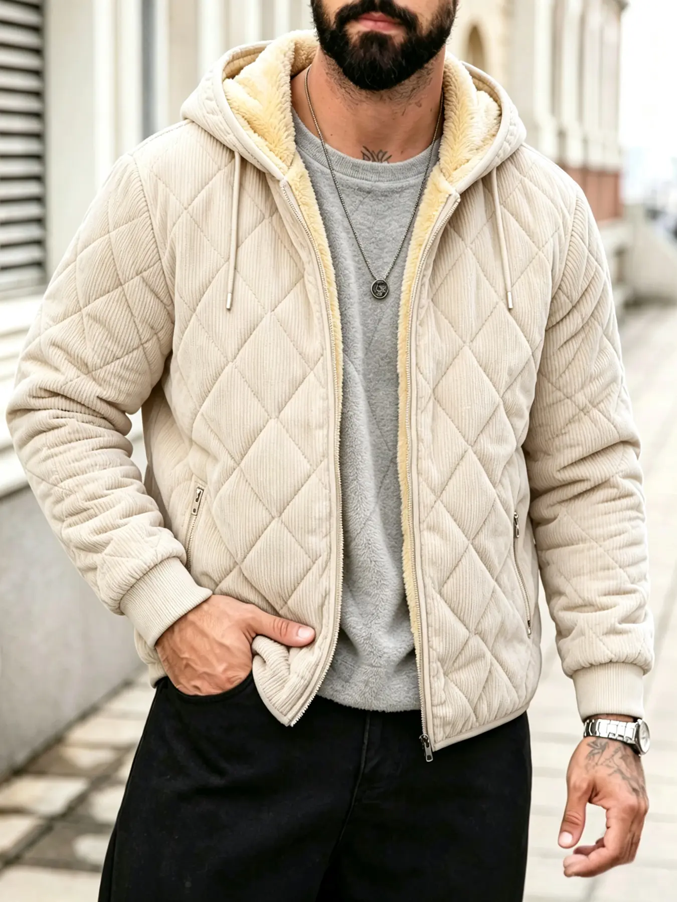 Men's Quilted Hooded Fleece Jacket - Casual Fashion Polyester Quilted Pattern Coat with Diamond Stitching, Full Zip Front, Textured Finish, Foldable, Sewn-In Padding, Zip Pockets for Fall Layering, Quilted Pattern Men's Fleece Jackets