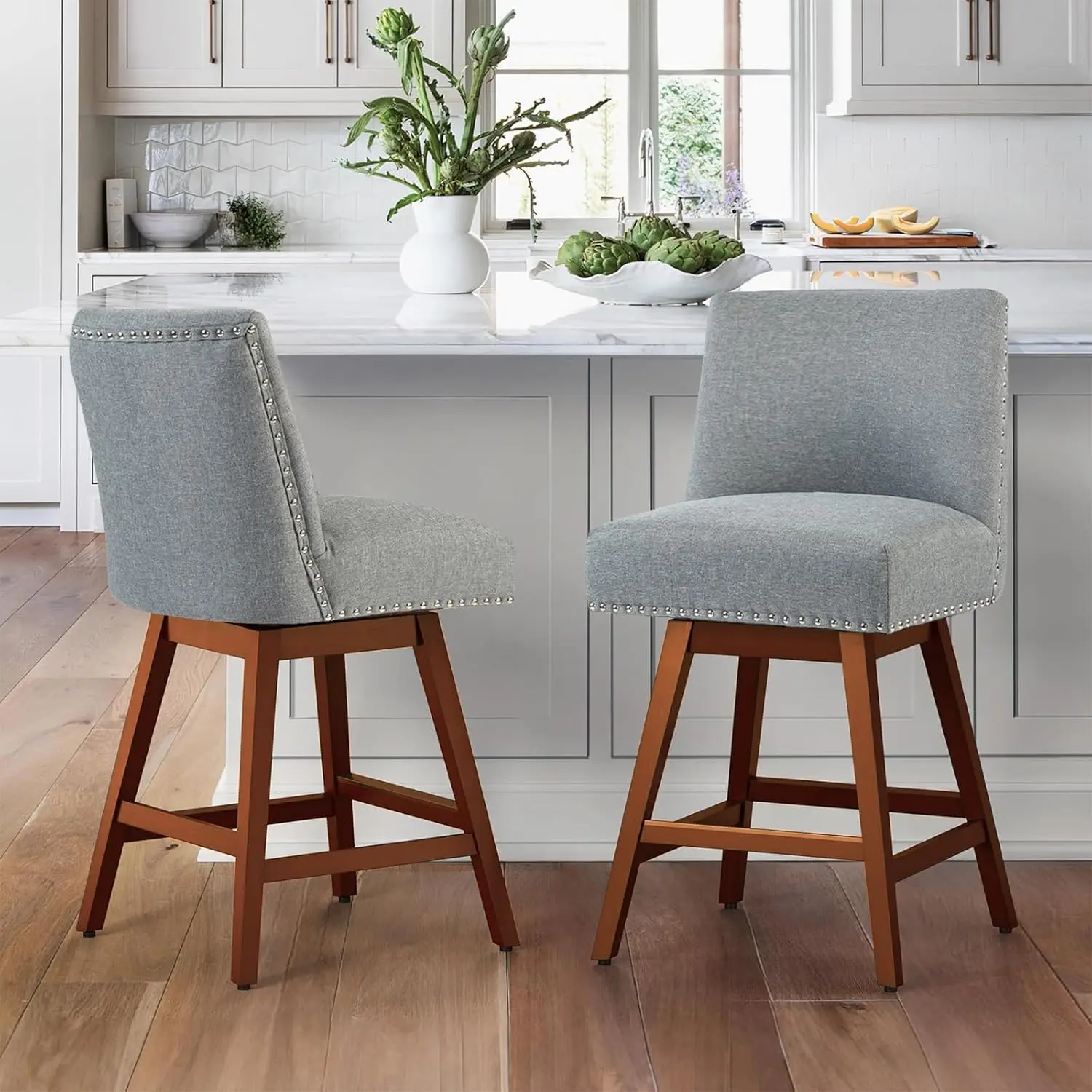 Counter Height Bar Stools Set of 2, Modern Mid-Century Swivel Barstools with Backs and Solid Wood Legs, 26" Linen Fabric Upholstered Seat Height Bar Chairs for Kitchen Island