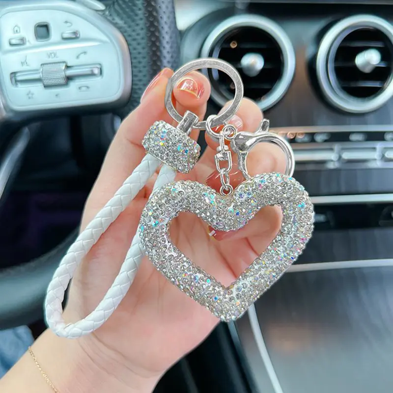 Rhinestone Hollow Heart Keychain for Women, Sparkly Bling Crystal Heart Car Key Ring with Braided Leather Wrist Strap, Lobster Clasp Charm Pendant, Cute Glam Key Accessory for Car Keys, Handbag Purse Decoration & Ideal Gift for Her