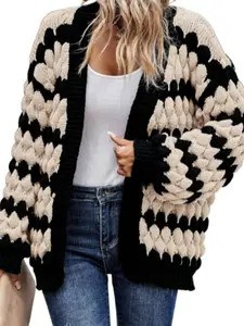 Autumn Winter New Lantern Sleeve Striped Colorblock Loose Knit Sweater Coat, Women's Casual Warm Outerwear, Casual Fashion Knitwear, Fashionable and Comfortable