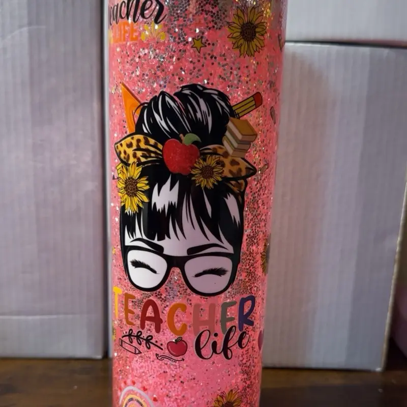 Teacher Life 20oz Glass Snowglobe Tumbler Drinkware with Glitter Design and Teacher Themed Graphics