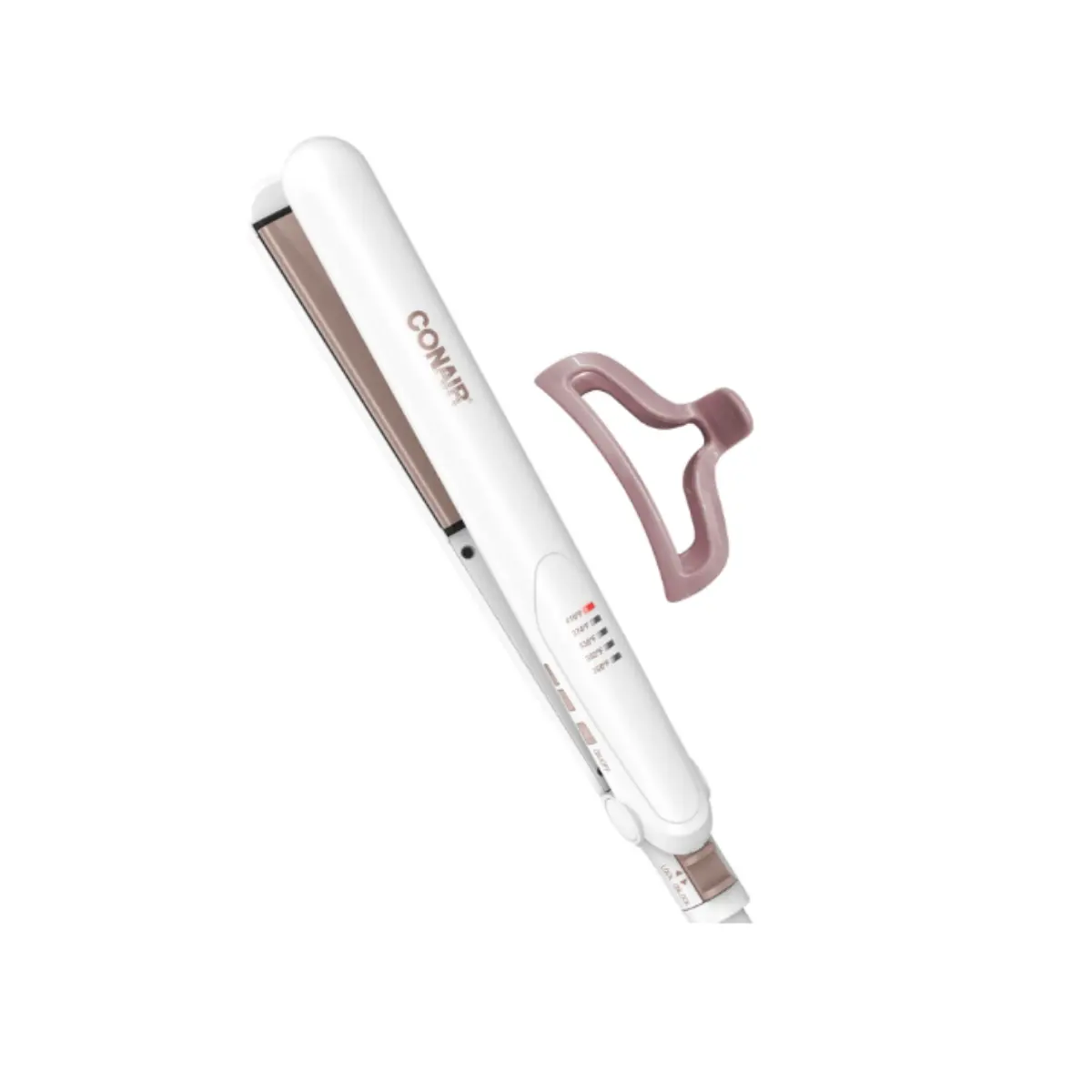Conair Double Ceramic Flat Iron, 1-Inch Flat Iron Hair Straightener with Claw Clip, 5 Heat Settings, Extra-Long Floating Plates, White