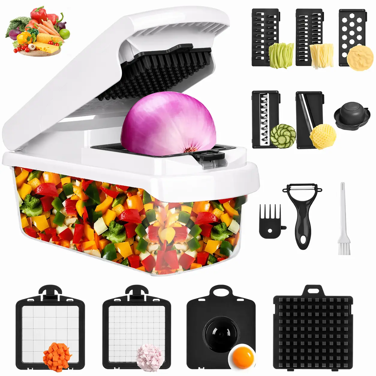 Manual Multifunctional Vegetable Fruit Chopper Slicer - Durable Kitchen Tool for Chopping Squash Noodles, Mincing Onion, Cutting French Fries