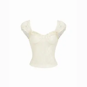 Cider Textured Lace Sweetheart Puff Sleeve Ruched Top