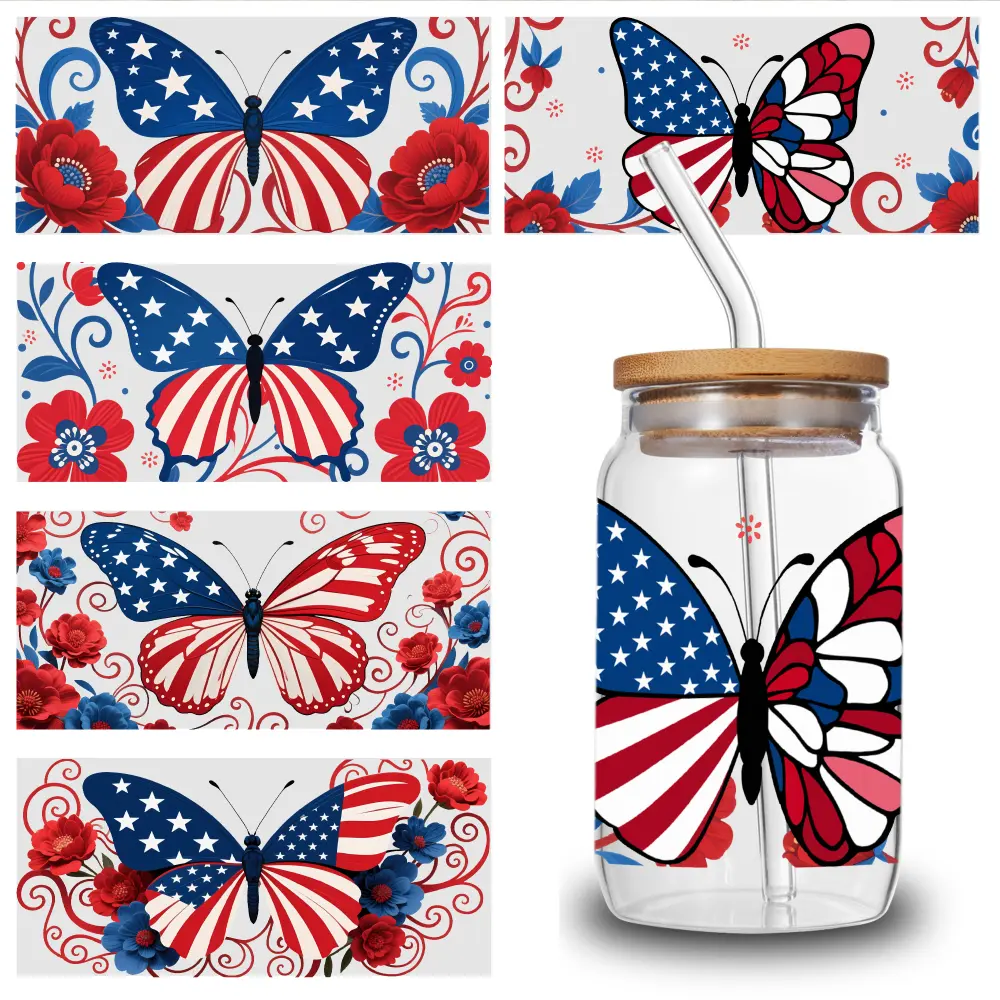 5 Sheets Patriotic Butterflies UV DTF Stickers Decorative Art Mug Decoration Gift Plastic Self-Adhesive Labels UV dtf cup wrap Waterproof Rub on Transfers Household floor house PVC Bat Wall 3D Aesthetic Trendy Water Bottle Stickers