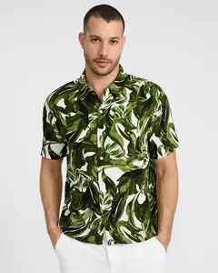 Express Green Floral Rayon Short Sleeve Shirt