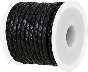 GENIQUE Real/Genuine round Braided Leather Cord String Rope Folded, Leather Rope for Crafts, Jewelry Making, Necklace, Bracelets (5 Metres) (3Mm, Black Distressed)