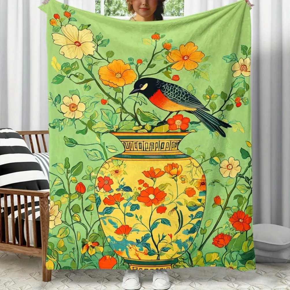 Chinese Style Garden Motif Flannel Blanket - Bird in Flower Vase Green Background, Soft Artistic Throw, All Seasons, Breathable, Durable, Lightweight, Extra Layer on Bed, Home Decor, Unique Gift Idea