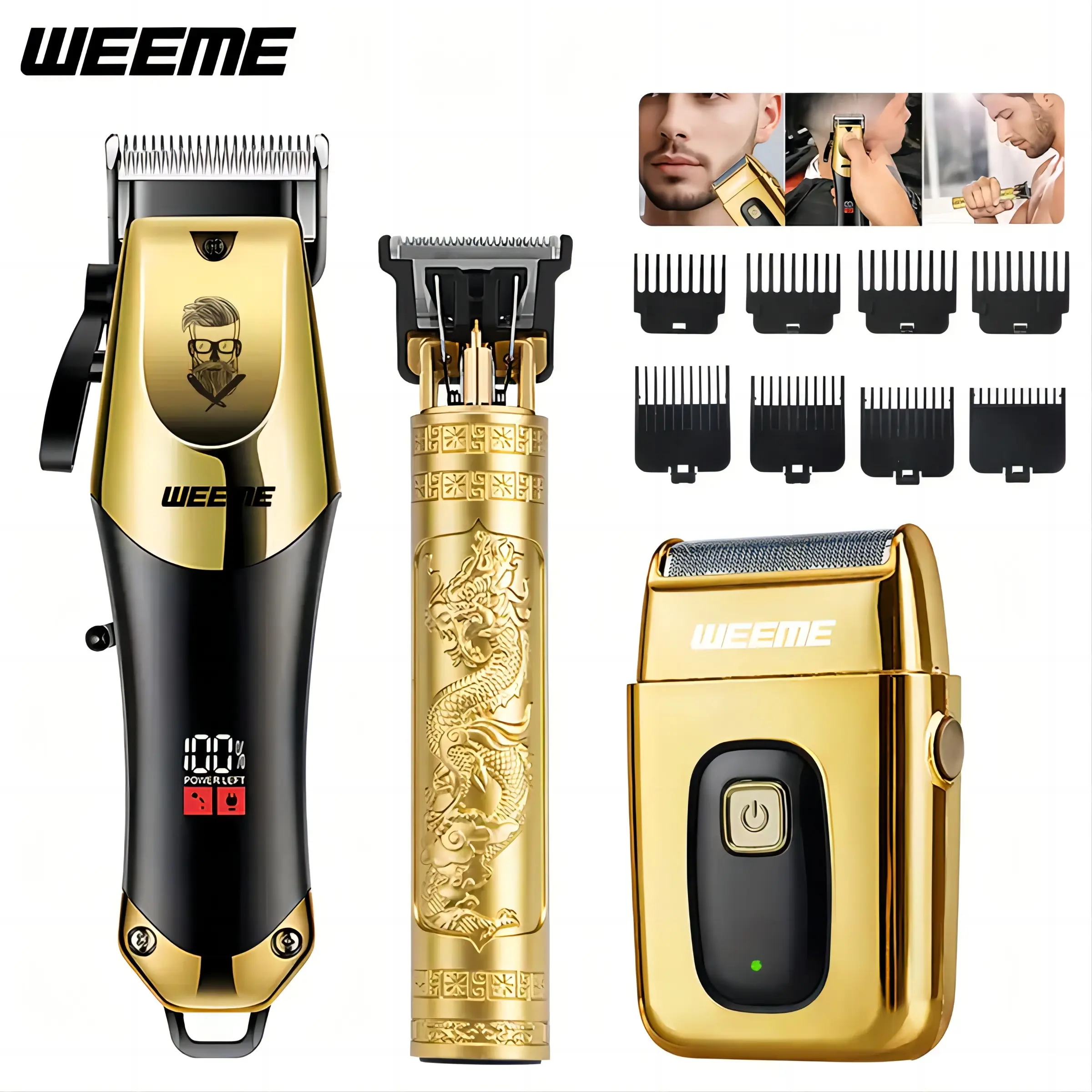 3-Piece Professional Blonde Hair Clipper & Trimmer Kit for Men - USB-Rechargeable Barber Set Featuring LCD Display, Adjustable Blade Hair Clippers, and Professional Men's Trimmer