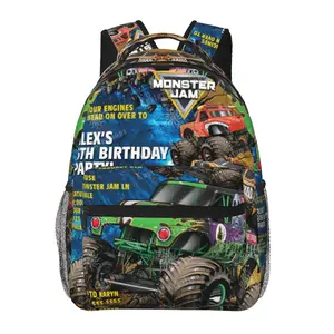 Monster Jam large-capacity water-resistant backpack with all-over print for outdoor hiking, cycling, and daily commuting; cartoon merchandise shoulder bag/school pack; gift for boys and girls