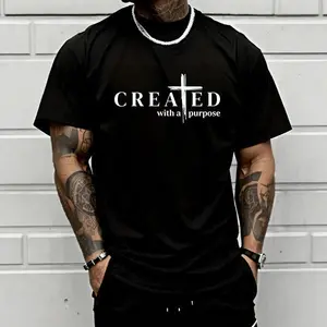 Men’s “Created with a Purpose” Christian graphic T-shirt, cross faith quote print tee, casual crew neck, perfect for church outfits, faith wear, and streetwear.