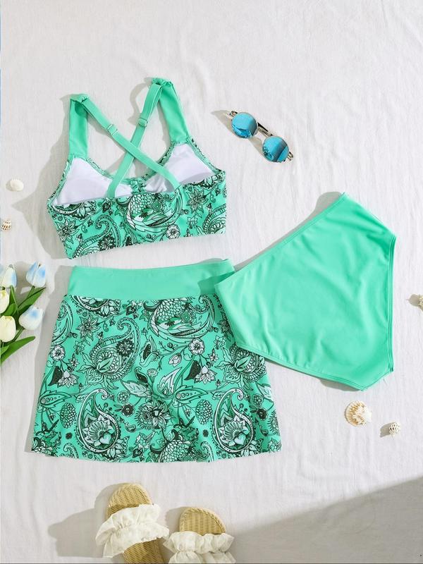 Women's Floral Print Swimsuit Set, Drawstring Swimsuits, Twist Front Bikini, Boho Tie Side Bikini Top & Bottom & Cover Up Skirt Set, Beach Vacation Swimwear Set for Women, Floral Print Bikinis