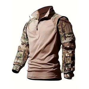Men's Half-zipper Camouflage Frog Suit Tracksuit Pullover Breathable Top Mesh Multi-pocket Long Sleeve For Training Black Outdoor
