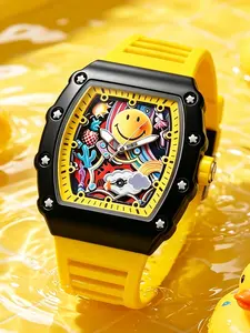 Men's Sport Watch, Bucket Shape Mechanical Style, Colorful Graffiti Hollow Out, Quartz Movement, Casual Analog Face, Zinc Alloy Case