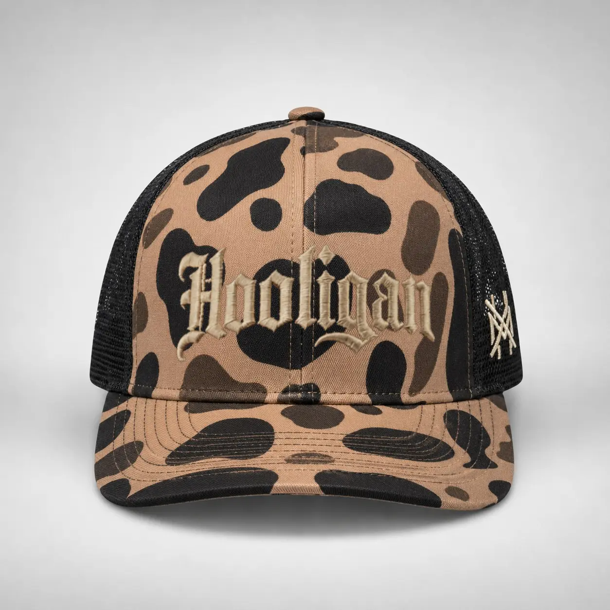 Hooligan Embroidered Trucker Hat, Vintage Gothic Lettering Camo Baseball Cap, Retro Mesh Snapback Hat for Men & Women