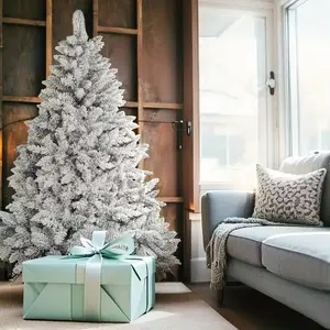 7ft Snow Flocked Artificial Christmas Tree – 1100+ Branch Tips, Metal Stand, Green & White Holiday Decoration