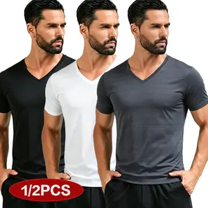 1/2PCS Men's Ice Silk Cooling V-Neck T-Shirts Dry Fit Moisture Wicking Workout Tops Lightweight Active Tops for Gym & Daily Wear