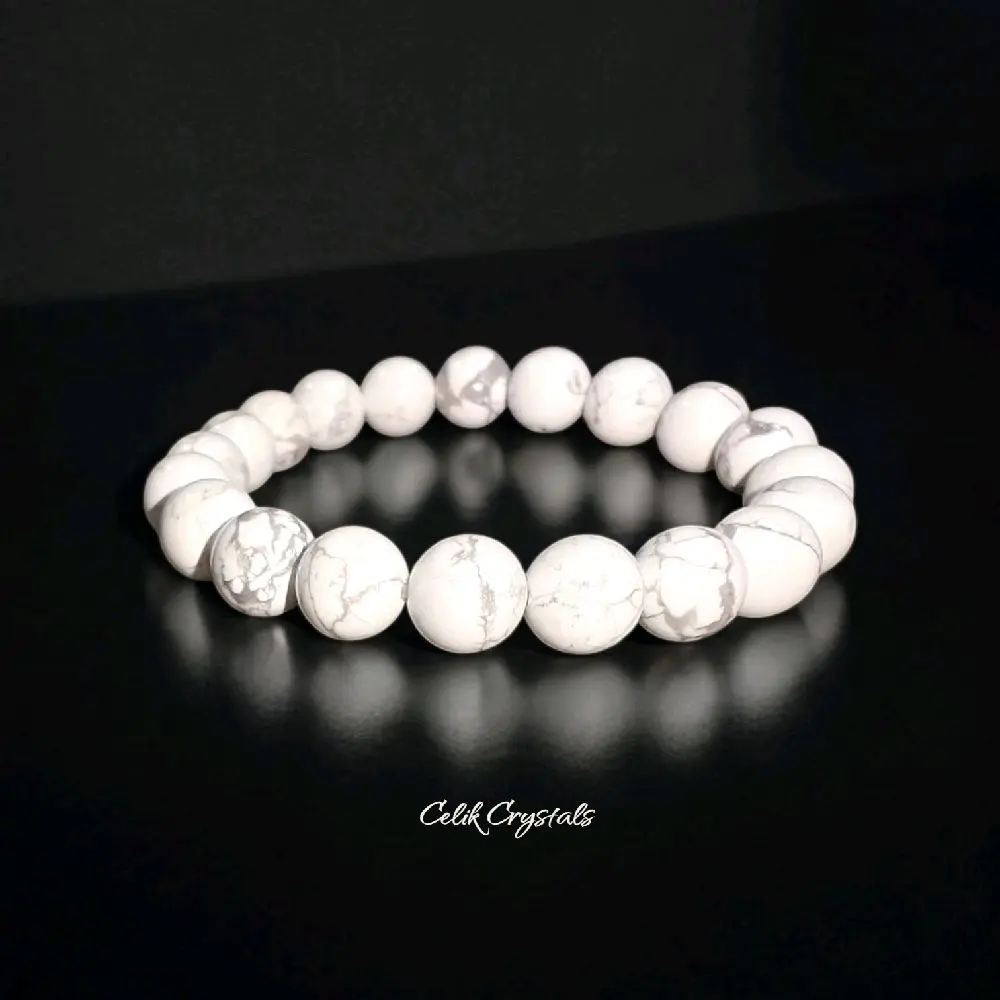 Unisex Handcrafted Howlite Stone Bracelet - 8/10mm White & Gray Beads, Stretchy Bead Chain for Adults, Healing Natural Crystal Jewelry, Daily Use Gift with Soothing Calming Energy & Elegance