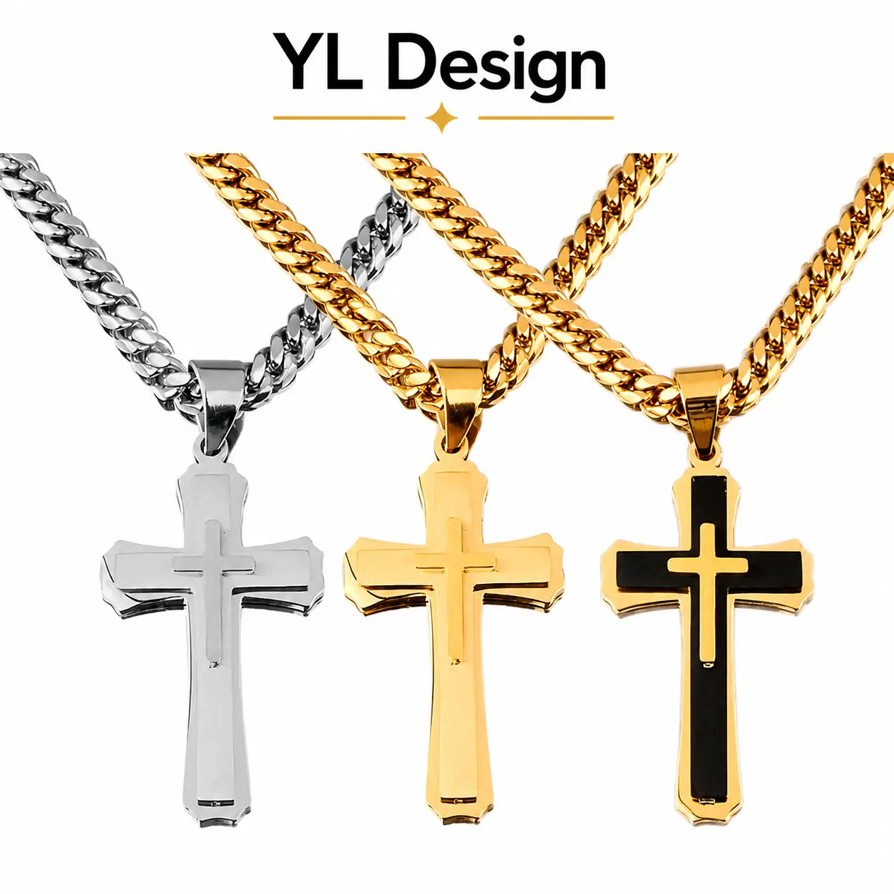 14K Gold Plated Cuban Link Chain Necklace with Cross Pendant, 6mm Wide 24 Inch, Gold/Silver/Black Gold Hip Hop Jewelry for Men & Women