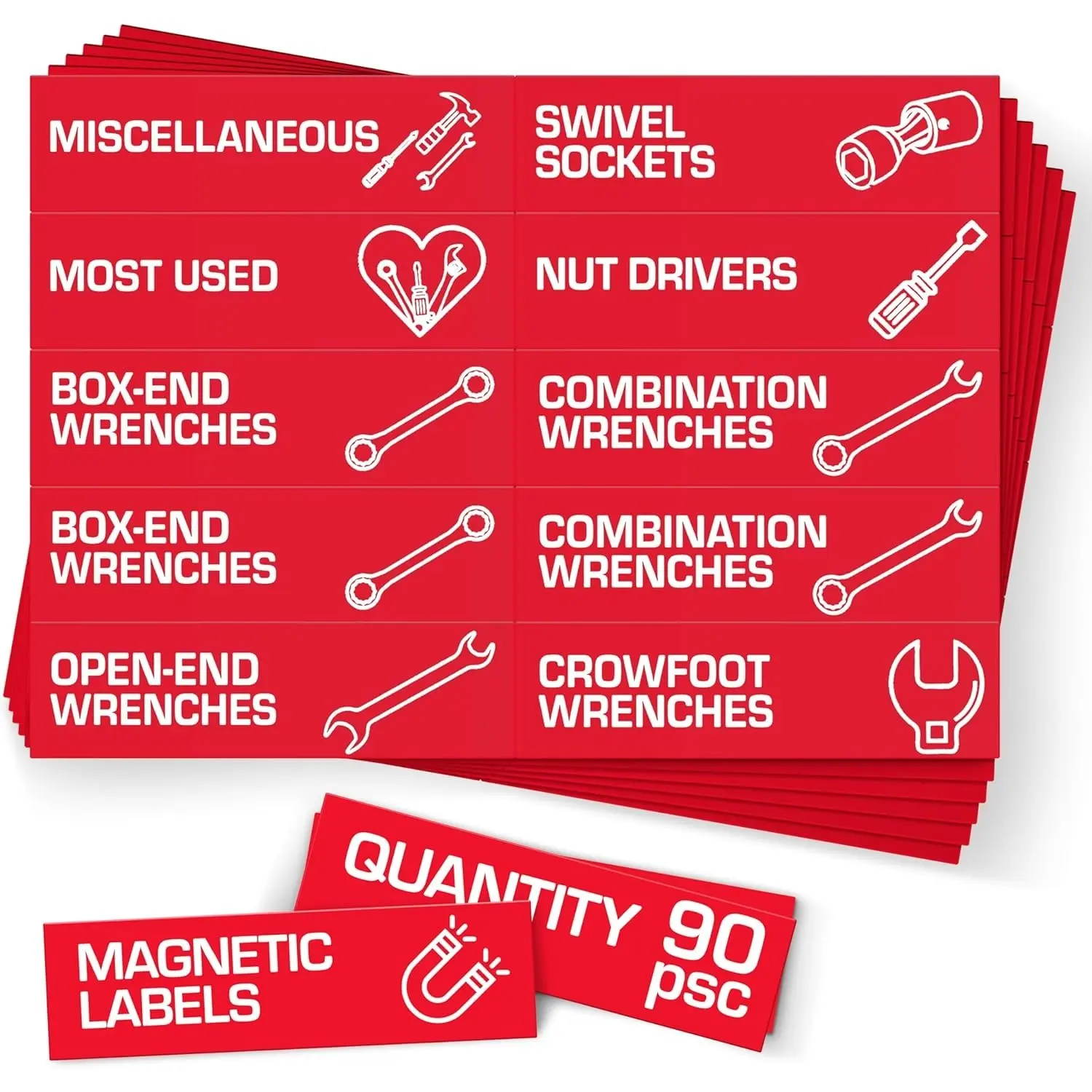 90 Pcs Magnetic Tool Box Labels 3.5x1 inch - Red Magnetic Toolbox Labels for Tool Box Drawers Strong Magnet Toolbox Organizer Chest Pre-Printed & Blanked Emblems for Organization - Toolbox Emblems