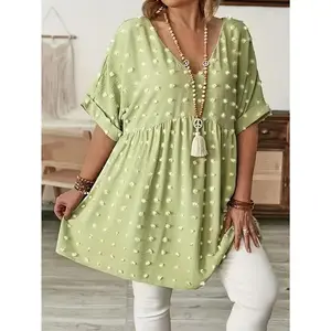 [Plus Size Blouse] Stretchy Polyester Women's Plus Size V-Neck Batwing Sleeve Blouse |   Casual Mid-Length Ruffle Hem, Machine Washable Shirts