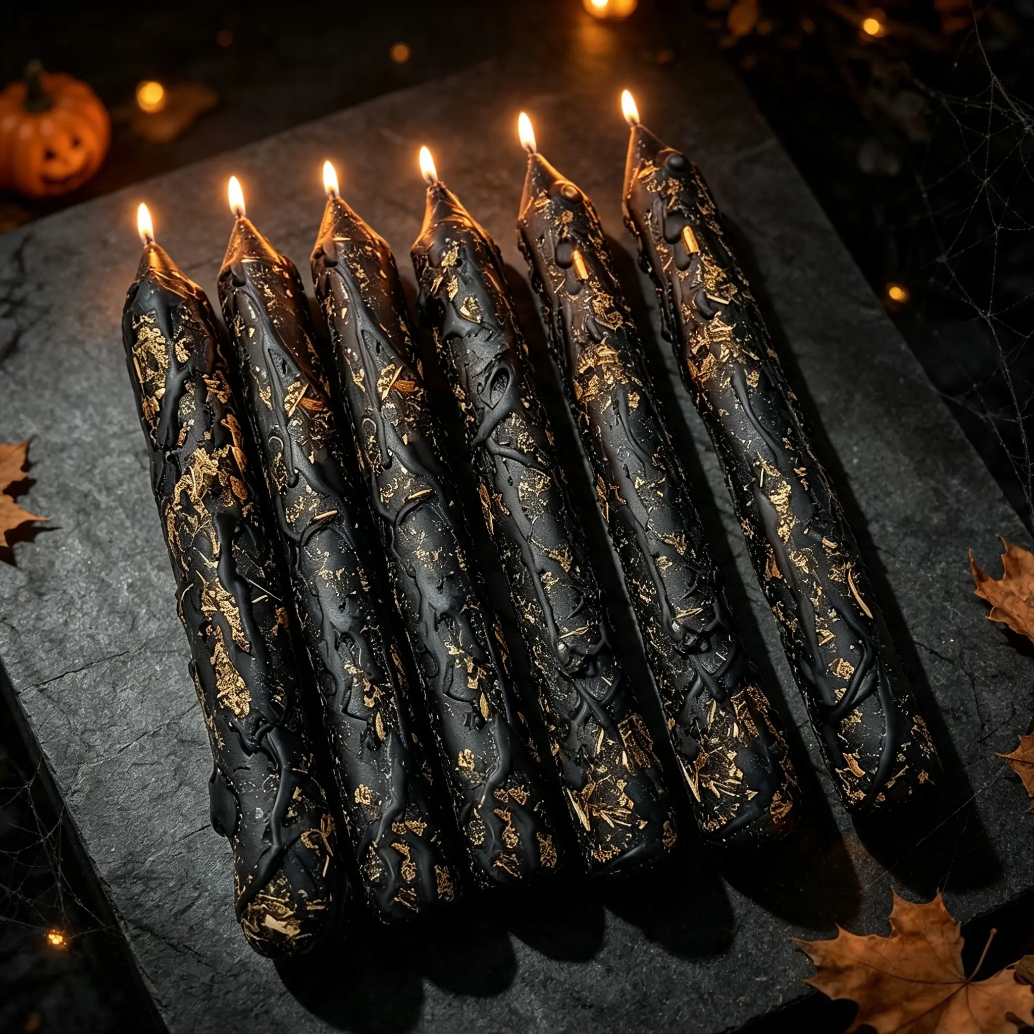 Set of 6 Halloween black and gold candles, handcrafted with dripped wax texture and long sticks for a cozy vibe, burn cleanly, perfect for home decor, candlelight dinners, gifts, and decorating for Christmas, Thanksgiving, or anniversary celebrations.