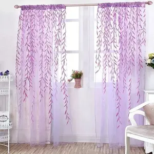 Pastoral Floral Sheer Curtains | Purple & Green Leaf Design for Cozy Bedrooms and Living Rooms | 1 Panel, 39"x79" or 39"x106"