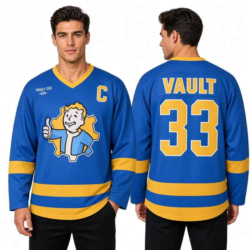 Vault 33 Hockey Jersey Blue Yellow Design with C Logo & Vault 33 Number, Athletic Long Sleeve Sportswear Top for Hockey Fans, Games & Events