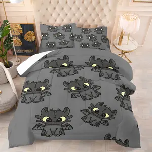 Cute Toothless Dragon Comforter Set, Soft Breathable Cartoon Night Fury Bedding, 1 Quilt + 1/2 Pillowcases, All-Season Cozy Quilt for Kids & Teens Bedroom, Dorm & Gaming Room Decor, Twin/Full/Queen Size
