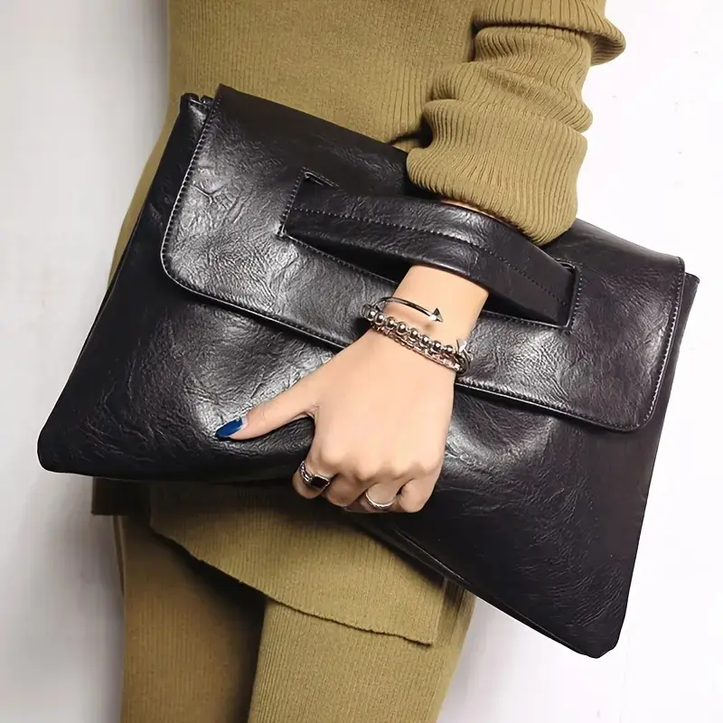 Men's Minimalist Plain PU Leather Shoulder Clutch, Casual Crossbody Bag with Fixed Shoulder Straps, Laptop Compartment, Magnetic Closure, Black, Edge Painted, Accessory, Versatile, Functional, Faux Leather, Purse, Everyday Use, Crossbody Clutch, Mini Shou