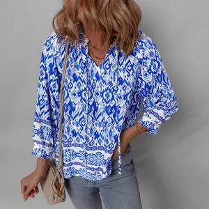 Blue Boho Printed 3/4 Sleeve Tied Neck Blouse