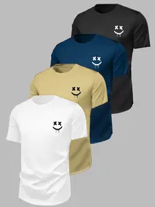 Dark Gel Smiley Print Short Sleeve T-Shirt, Summer Streetwear, Workout Summer Clothes, Casual Loose Fit, Breathable Fabric, Fitness & Daily Wear, 4 Colors Available