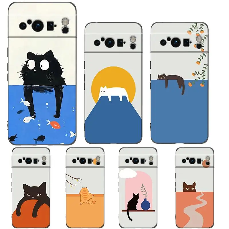 Cute Cat Phone Case For Google Pixel 10 9 8 7 6 Pro XL 9A 8A 6A 7A 5G Soft Shockproof TPU Black Cover