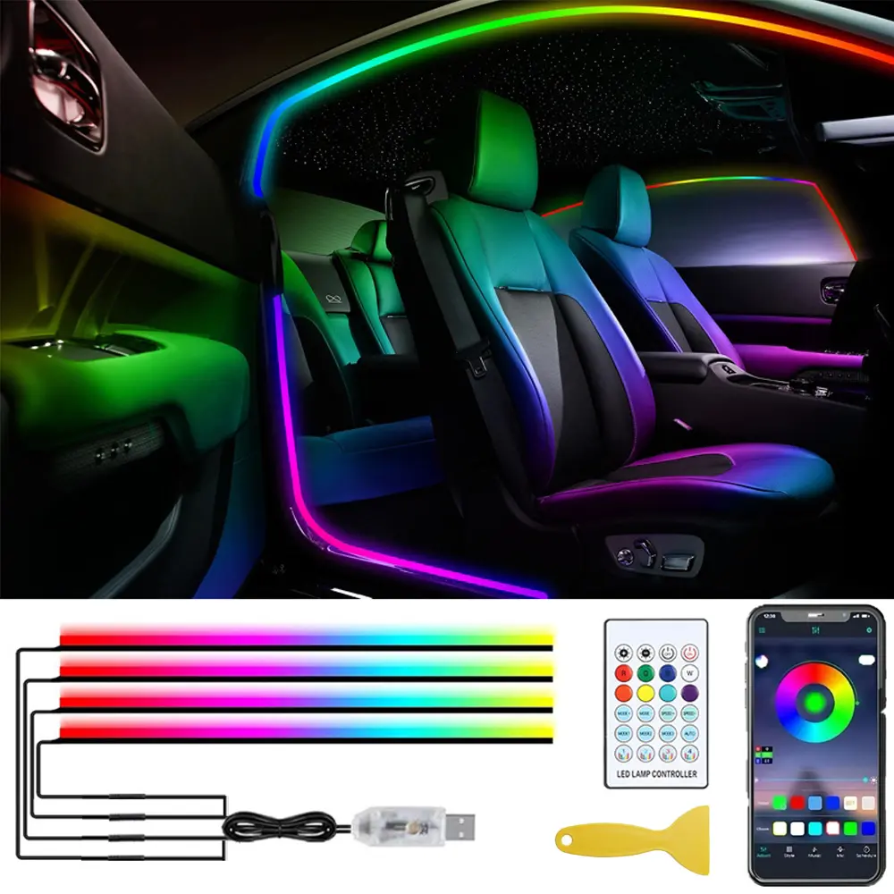 USB-Powered Car Interior LED Ambient Light - 4-in-1 Model 3.5M Fiber Optic Cable Strip, Customizable Color, Portable, Under-Seat LED Light Strips Lighting Assemblies & Components, Automotive Interior Decor Accessory