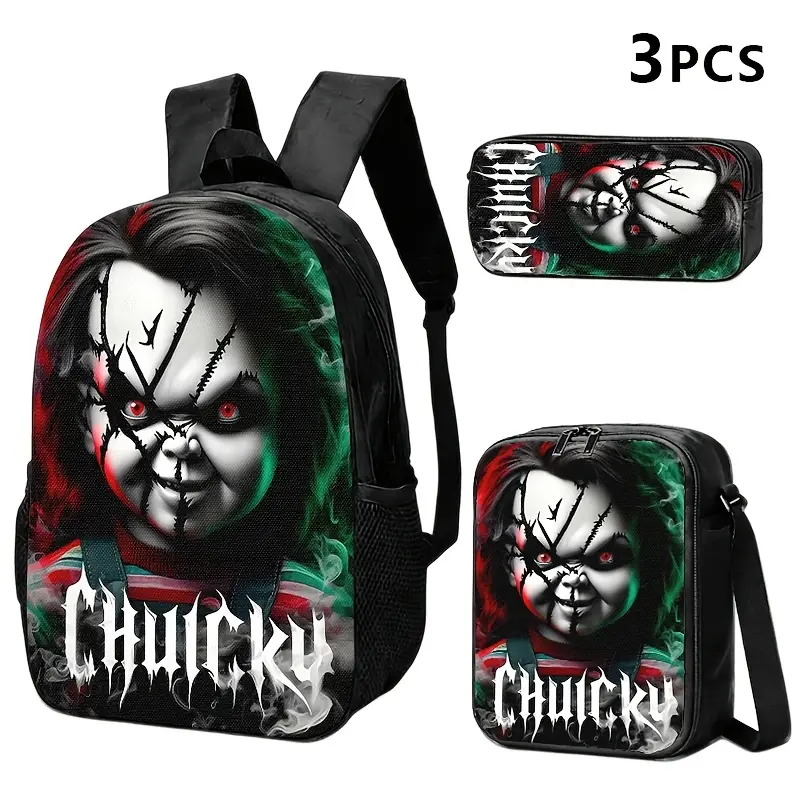 Durable Water Resistant 3-Piece Backpack Set for Teens; Lightweight School Bag with Lunch Box & Pencil Case, Horror Doll Chucky Blood Letter Smoke Print, Breathable Padded Straps, Large Capacity Fits 15-inch Laptop for School, Travel & Street Daily Use