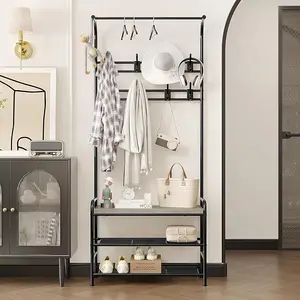Hall Tree Shoe Bench, 4-in-1 Industrial Entryway Storage Bench with 8 Sturdy Hooks Freestanding Coat Rack for Small Spaces, Apartments
