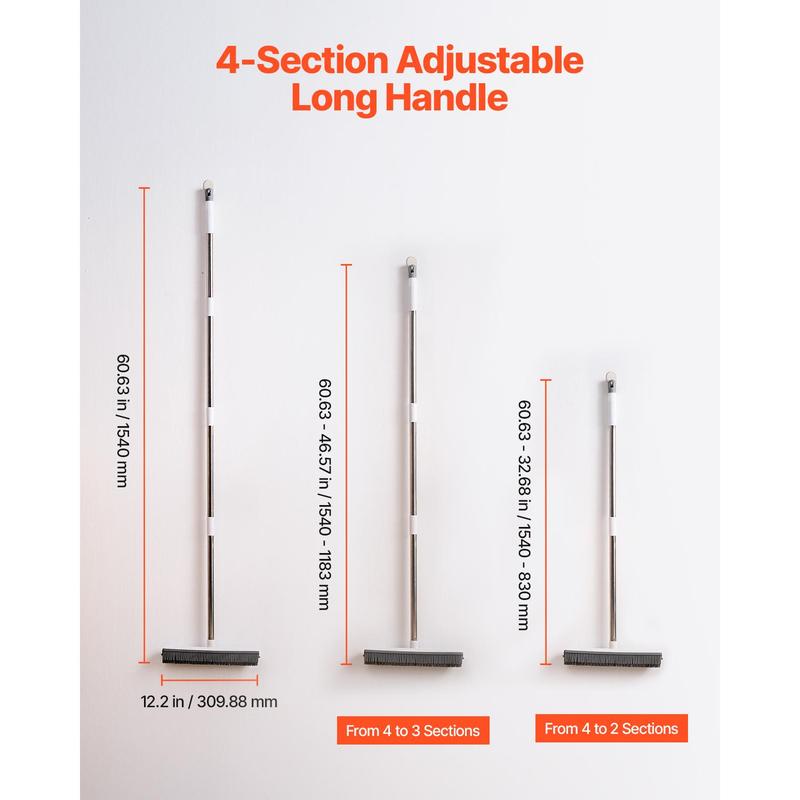 VEVOR Pet Hair Removal Broom,  , 58.46 in Adjustable Long Handle Carpet Rake, Rubber Broom with Built in Squeegee Reusable Dog Cat Hair Remover, for Carpets Rugs Mats Couch Furniture Hardwood Floor Tile