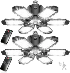 260W Motion Sensor Garage Lights, 30000LM Shop Lights with Remote Control 3 Modes (ON/Off/AUTO), 30/60/120s Timer, E26 Screw-in Deformable 6-Panel 6500K Ceiling Light for Garage Shop (2 Pack)