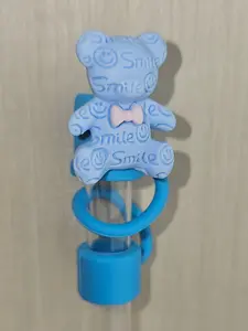 Teddy Bear Silicone Straw Topper  - Spring Blue