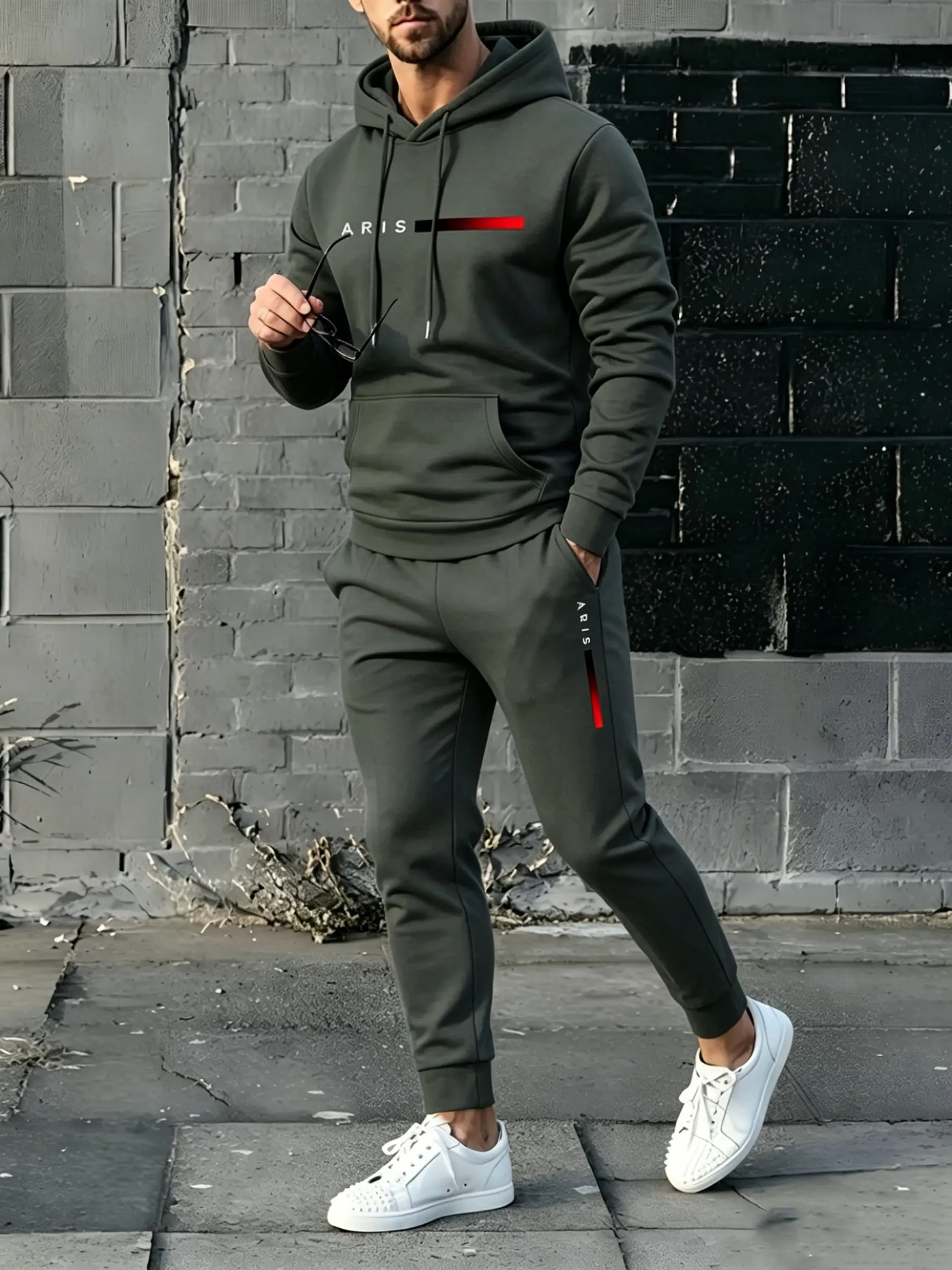 Men's Paris letter printed hoodie and drawstring sweatpants set fathersdaygift
