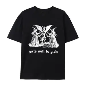 "Girls Will Be Girls" Witch & Demon Graphic Oversized T-Shirt, 100% Cotton Gothic Dark Aesthetic Tee, Witchy Streetwear Top